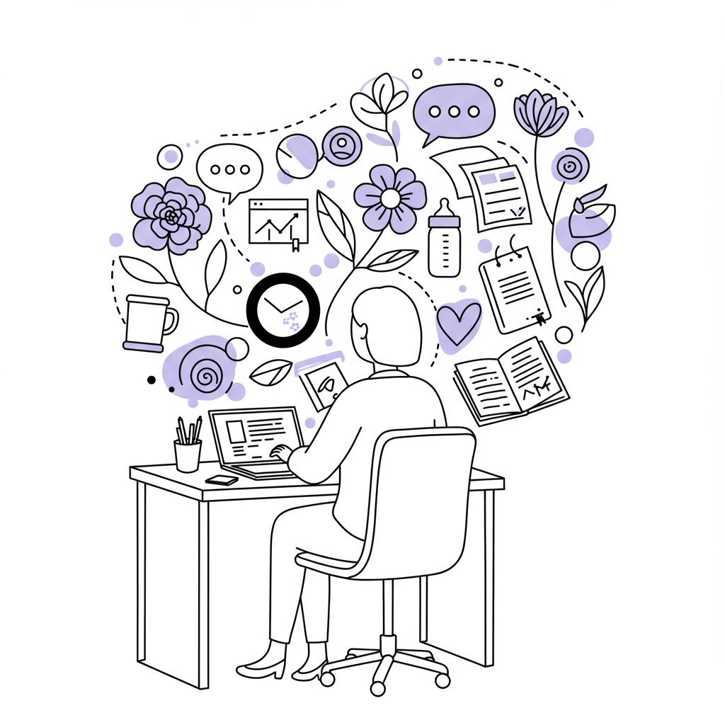 Line art: Female entrepreneur with balanced life flourish (laptop, bottle, flower - pastel purple, book, speech bubble) | Femmeprenista