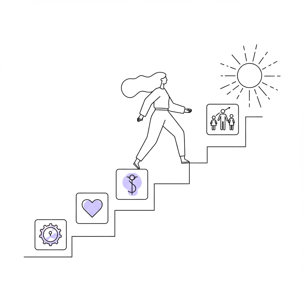 Line art: Value-driven female entrepreneur ascending to success; pastel purple heart detail | Femmeprenista