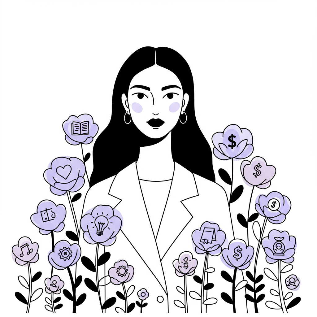 Modern line art: Femmepreneur surrounded by stylized flowers representing values, pastel purple accent on financial empowerment blossom | Femmeprenista