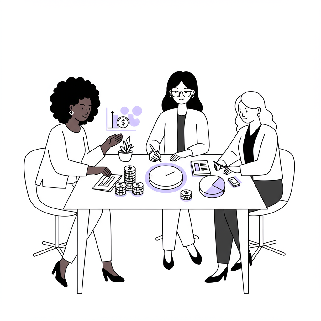 Line art: Diverse Femmeprenistas collaborating on finances, growth icons in pastel purple | Femmeprenista