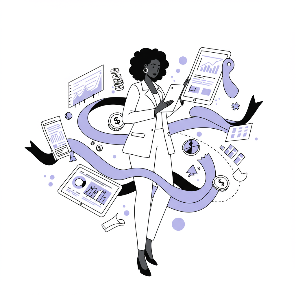 Elegant black and white line art: Black female entrepreneur navigates AI finance data streams on her tablet, pastel purple highlight | Femmeprenista