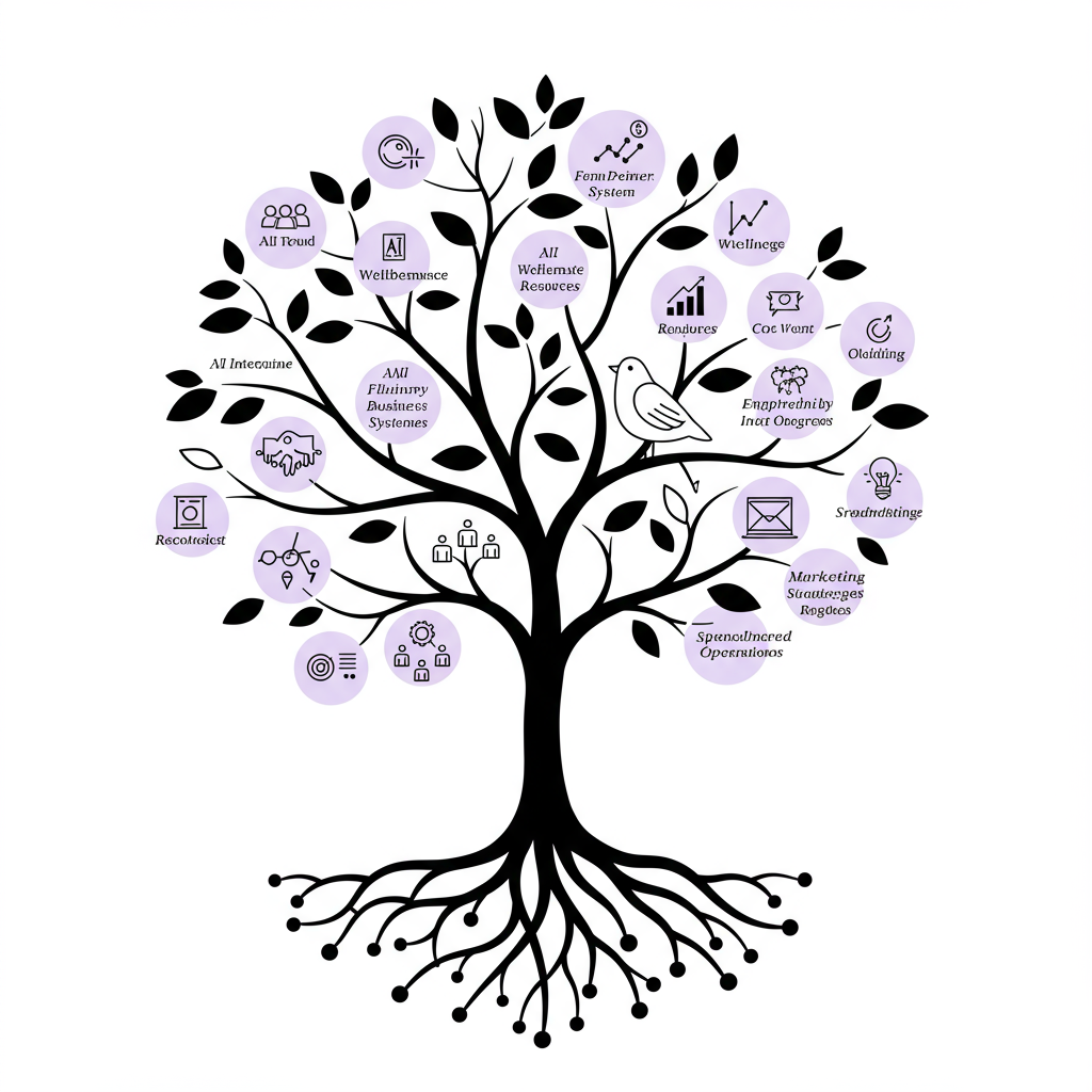 Chic line art: Femmeprenista entrepreneurial journey visualized as a flourishing tree, purple bird signifies finding your voice | Femmeprenista