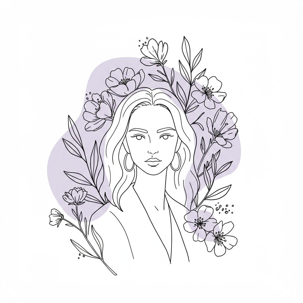 Chic line art: Female entrepreneur surrounded by transforming flowers, pastel purple highlights growth, symbolizing Femmeprenista entrepreneurial journey | Femmeprenista