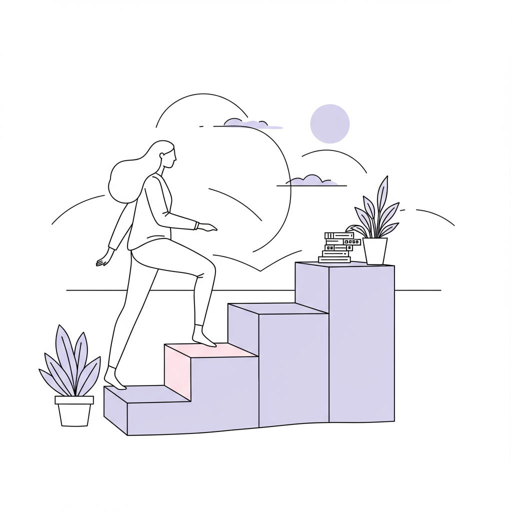 Chic line art of a Latina or Asian woman scaling geometric steps, pastel purple accent, symbolizing business growth | Femmeprenista