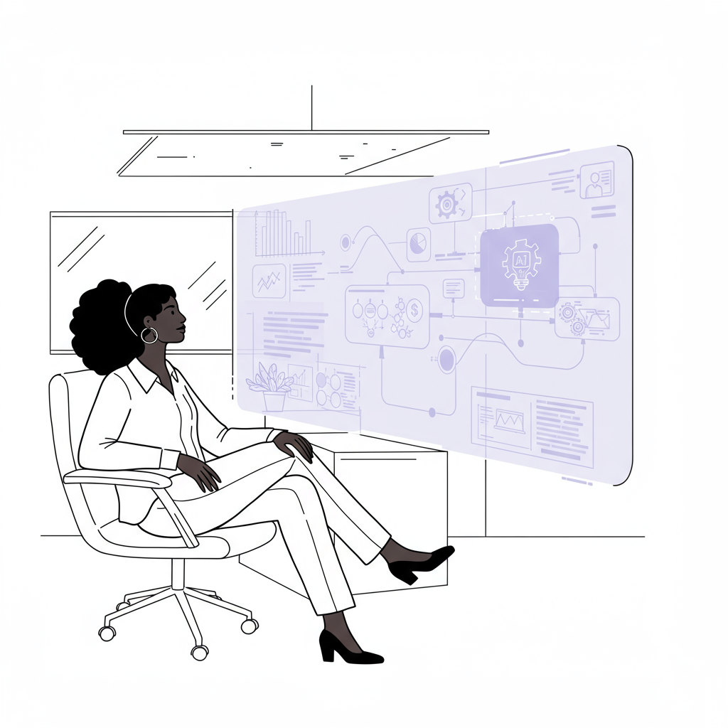 Chic line art: CEO contemplating strategic scaling with AI-driven holographic display, black and white with pastel purple accent | Femmeprenista