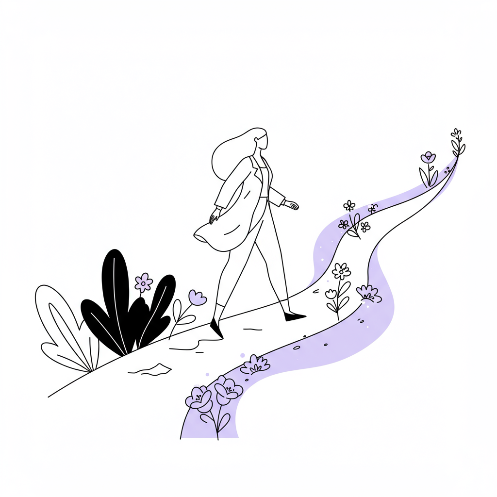 Chic line art: Female entrepreneur strides toward success on blossoming path; pastel purple flowers symbolize ambition | Femmeprenista