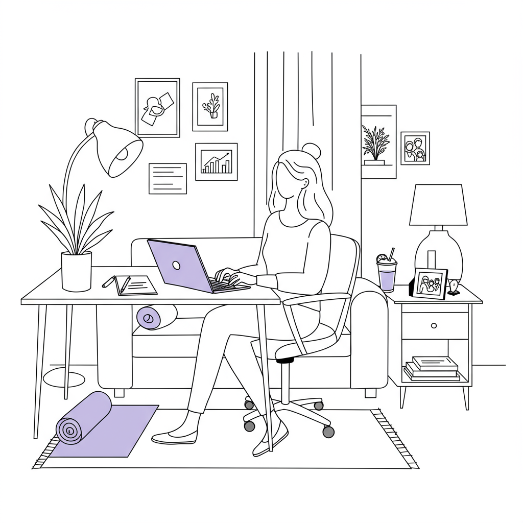 Black and white line art of a businesswoman balancing work and wellbeing in her home office; pastel purple smoothie accent | Femmeprenista