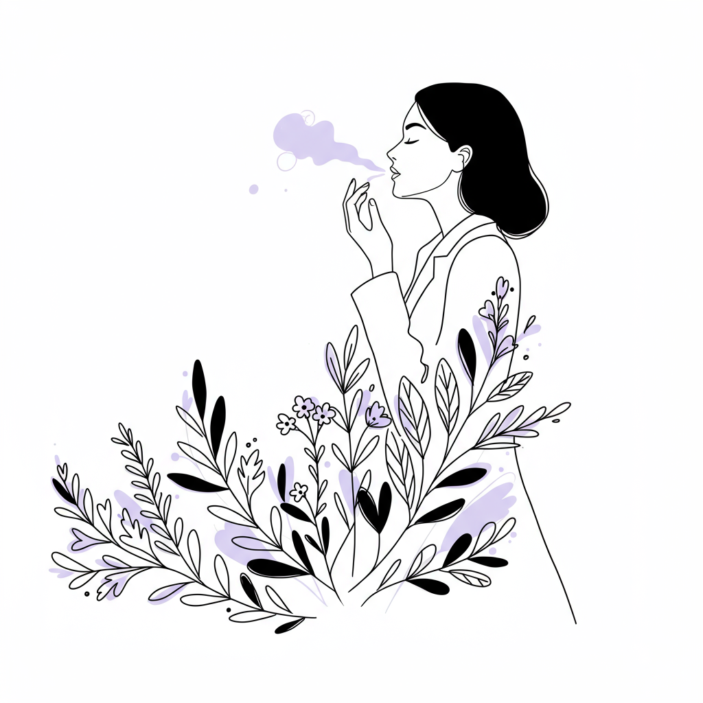 Chic black and white line art: businesswoman exhaling stress, transitioning to botanical growth; pastel purple flower accent. Strategic self-care | Femmeprenista