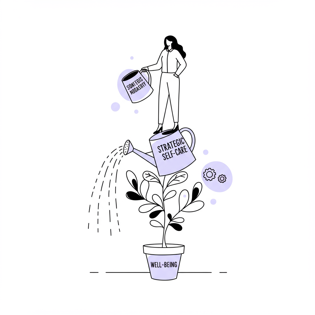 Chic line art: Businesswoman nurturing business growth with strategic self-care, pastel purple watering can, grounded in well-being | Femmeprenista
