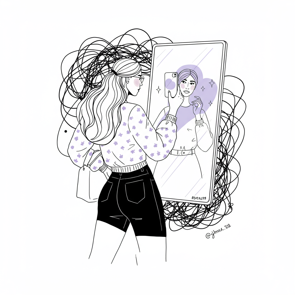 Modern line art: Mother entrepreneur shedding doubt, seeing her radiant future self in mirror, pastel purple lipstick detail | Femmeprenista