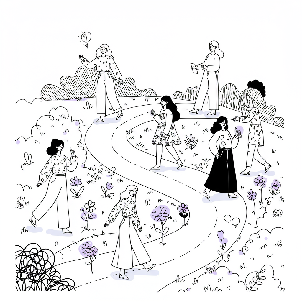 Line art: Diverse female entrepreneurs on winding roads, celebrating unique paths past "comparisonitis"; pastel purple flowers bloom. | Femmeprenista
