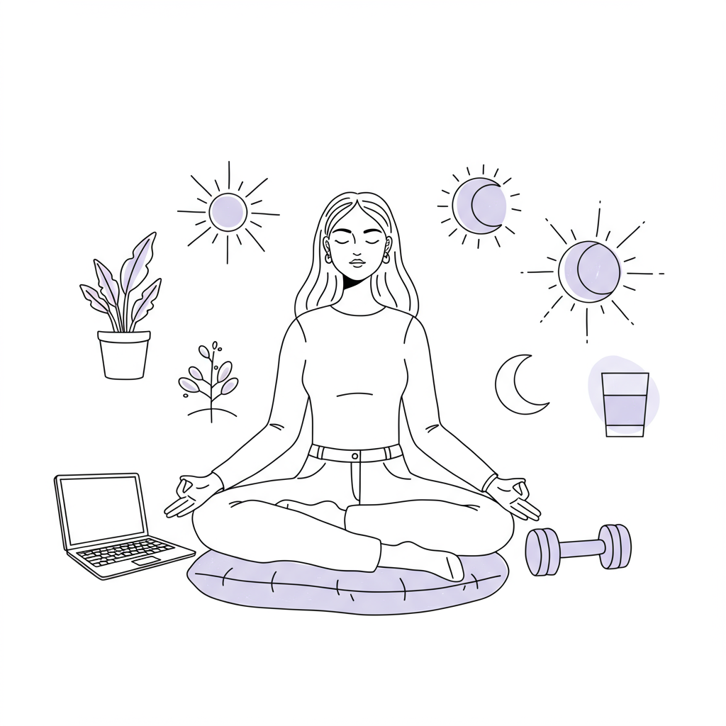 Line art: Woman entrepreneur meditating amid work-life icons, pastel purple sun, burnout prevention theme | Femmeprenista