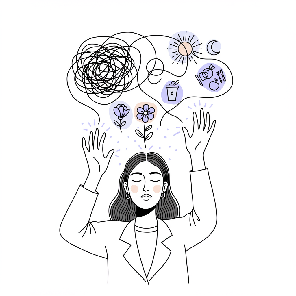 Line art: Female entrepreneur reclaiming energy; untangling stress into wellbeing symbols; pastel purple flower detail | Femmeprenista