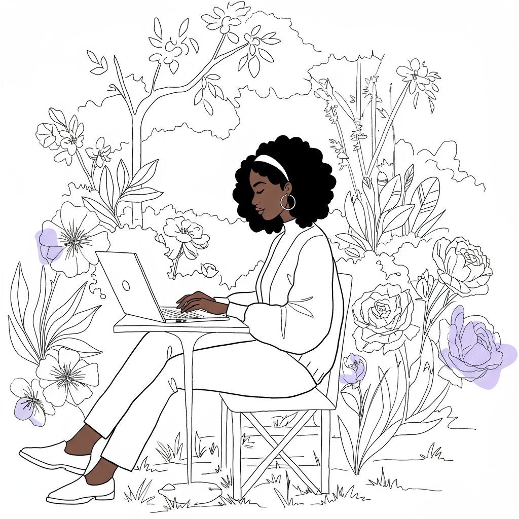 Chic line art: Black woman entrepreneur working outdoors in garden; pastel purple flower accent symbolizes growth | Femmeprenista