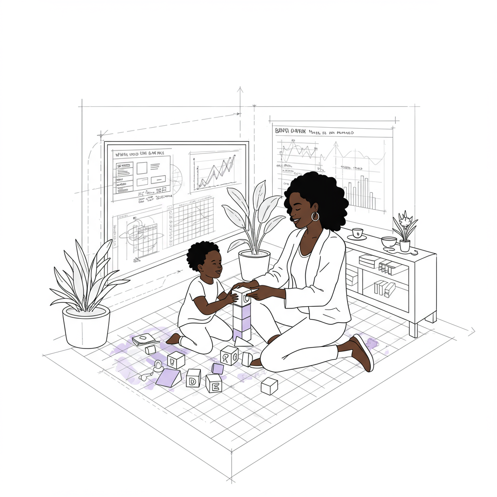 Chic black and white line art: Black mother & child playfully building together; blueprint overlay, pastel purple block accent | Femmeprenista