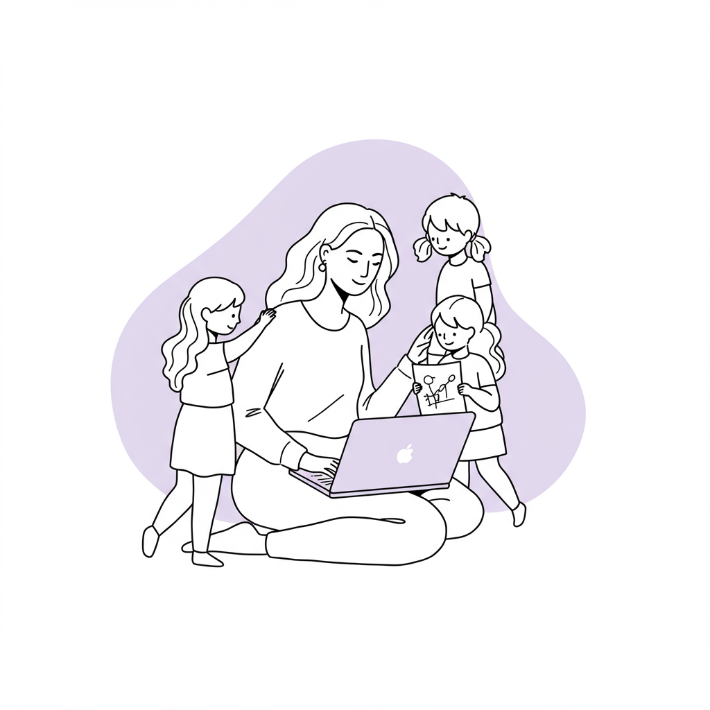 Modern chic line art: Stylized mum balancing laptop and kids, black and white with pastel purple laptop screen, balance and focus | Femmeprenista