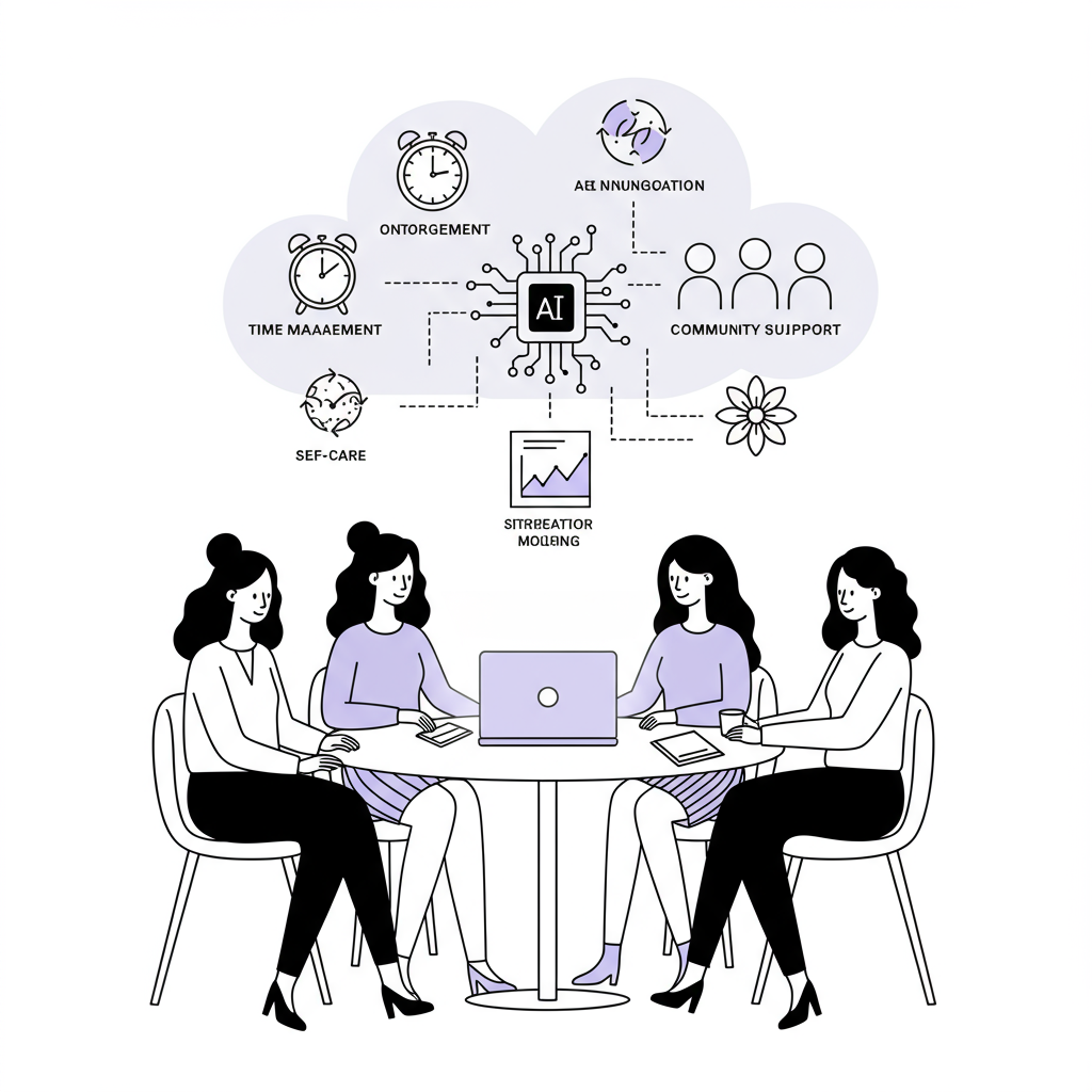Modern line art: diverse female entrepreneurs collaborating around a laptop, icons of balance above; pastel purple laptop glow | Femmeprenista