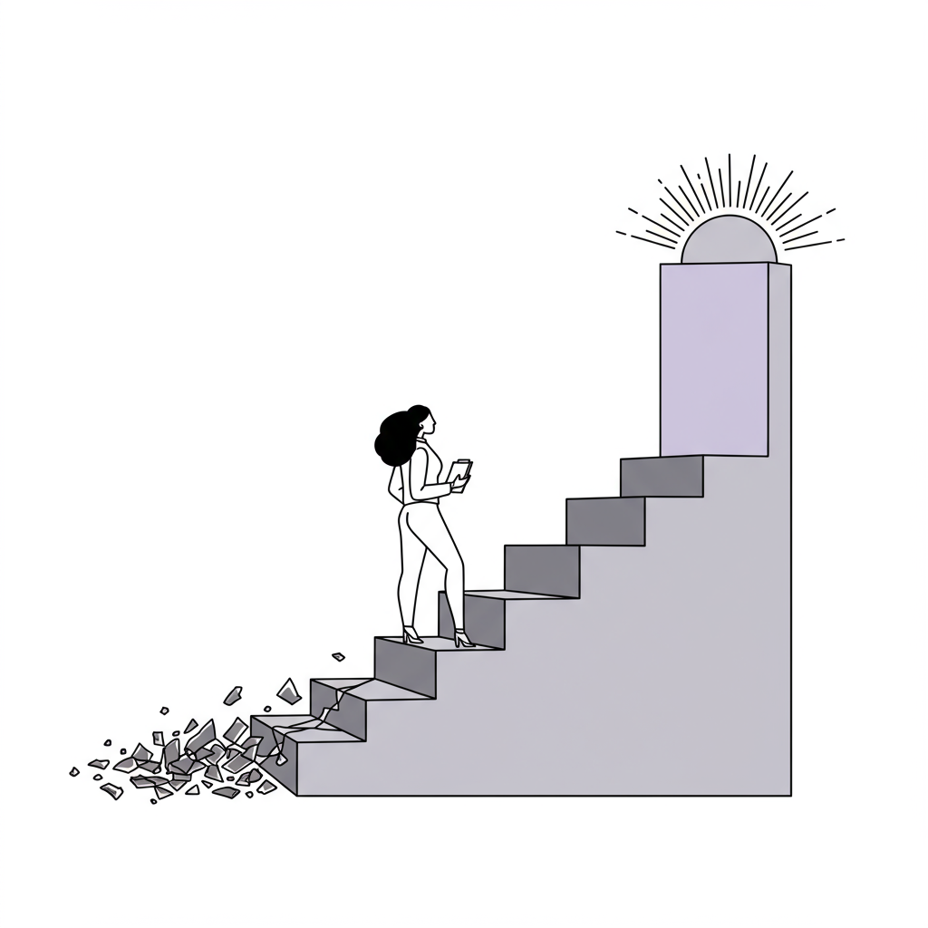 Black and white line art of Black/Latina entrepreneur climbing stairs from chaos to sunburst, pastel purple accent | Femmeprenista