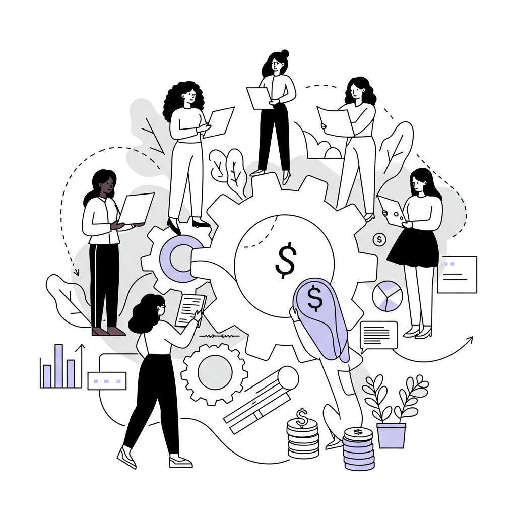 Line art: diverse female entrepreneurs collaborate around a cogwheel, pastel purple accent symbolizes scaling coaching | Femmeprenista