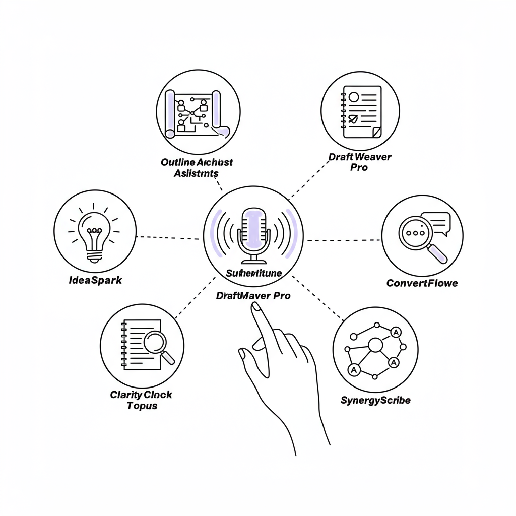 Chic line art: Latina hand touching a pastel purple AI icon in a synergy of writing tools | Femmeprenista
