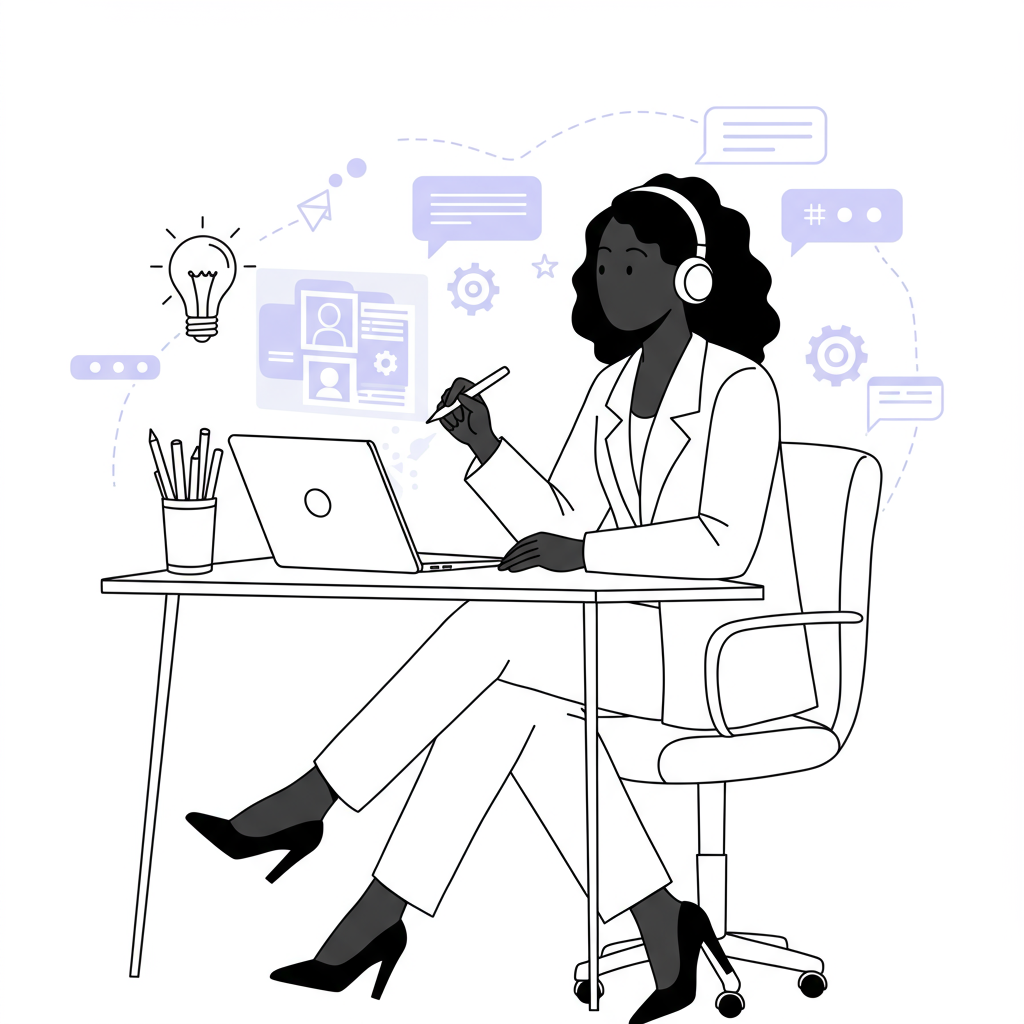 Chic line art: Black woman entrepreneur using AI for effortless blog strategy; pastel purple stylus highlight | Femmeprenista
