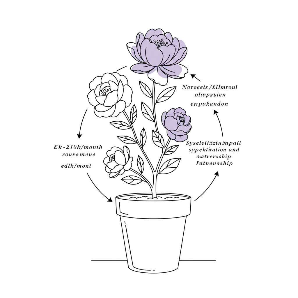 Chic black and white line art: "Business Flourish Framework" thriving as a stylized plant, pastel purple flower highlights amplified impact | Femmeprenista