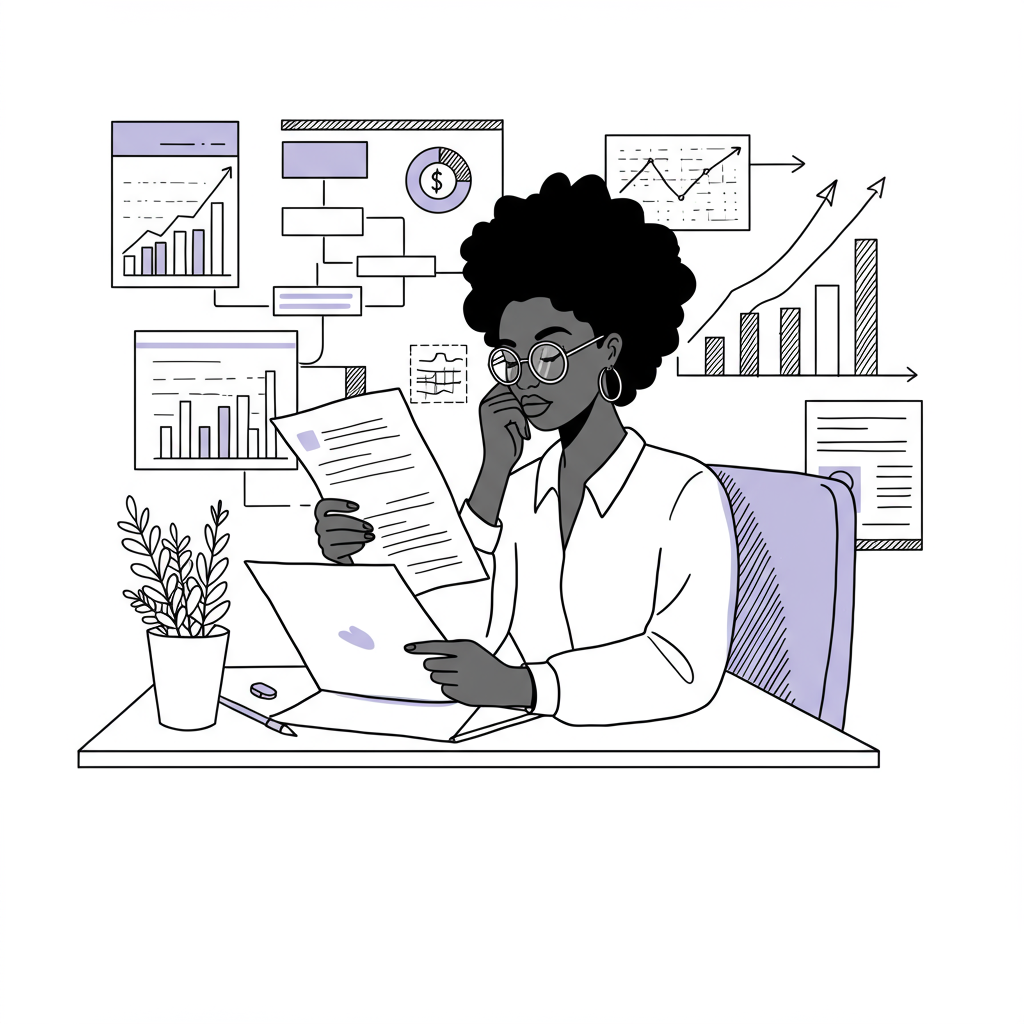 Elegant line art: Black female entrepreneur scaling service business six figures strategically; pastel purple glasses and chart arrow | Femmeprenista
