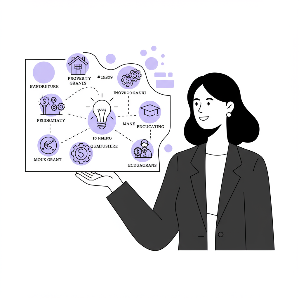 Chic line art: Female entrepreneur presents stylized funding map (grants for female entrepreneurs UK); pastel purple highlights innovation | Femmeprenista