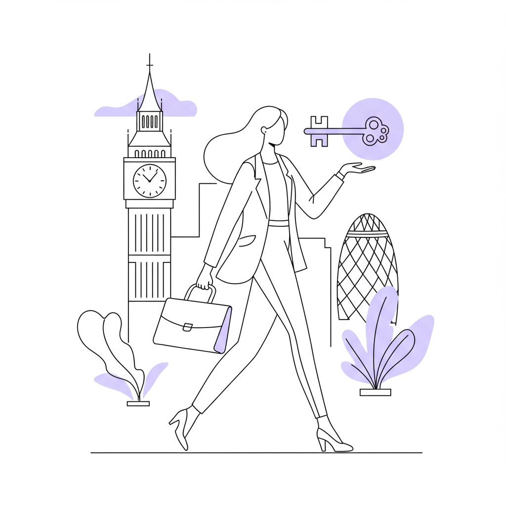 Line art: UK female entrepreneur unlocking funding opportunities; pastel purple key accent. | Femmeprenista
