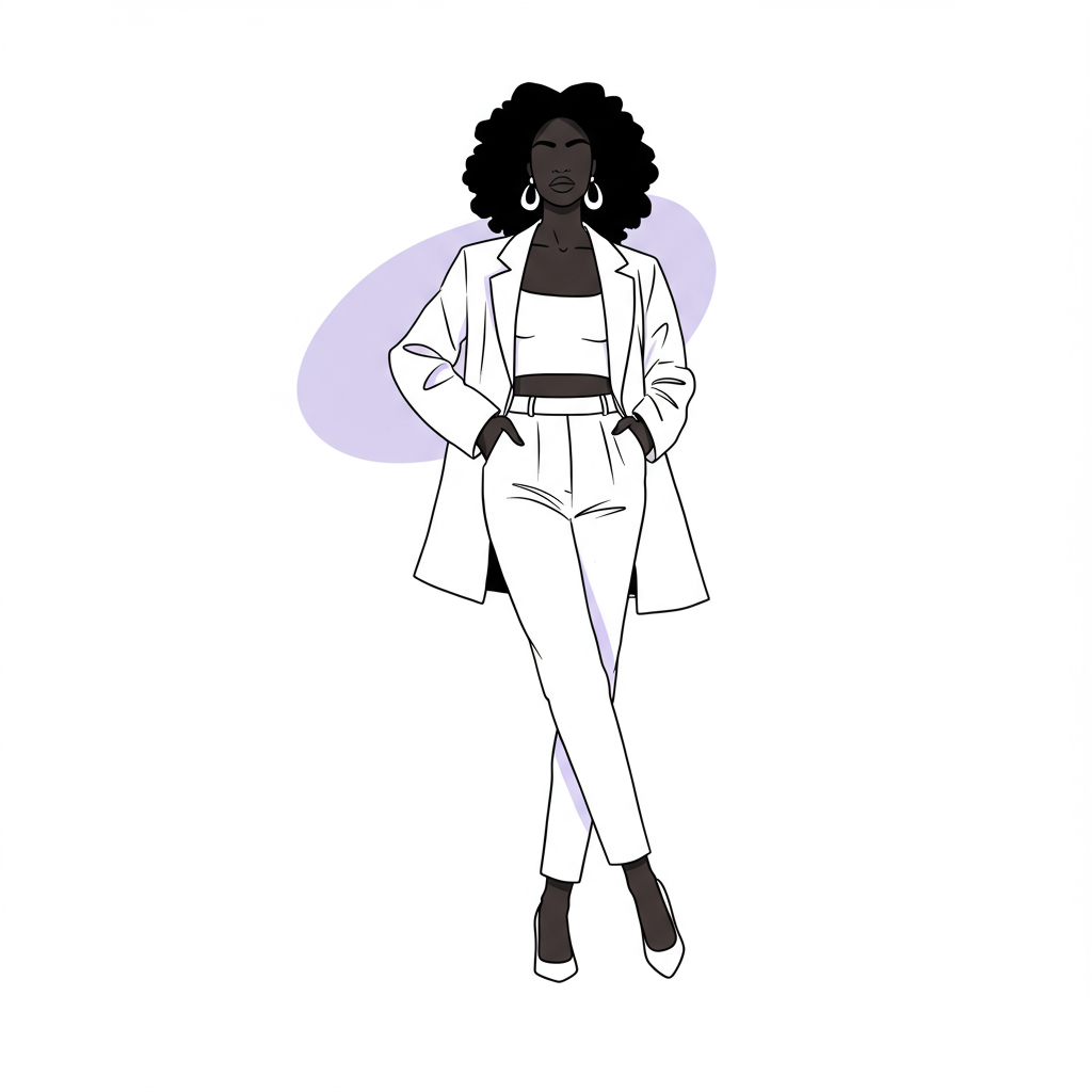 Visionary leadership: chic line art of a confident Black woman entrepreneur with pastel purple earrings | Femmeprenista