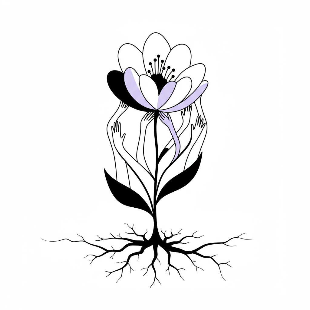 Chic line art: flower blooms from cracked ground, hands of diverse women supporting it, pastel purple stamen; visionary leadership | Femmeprenista