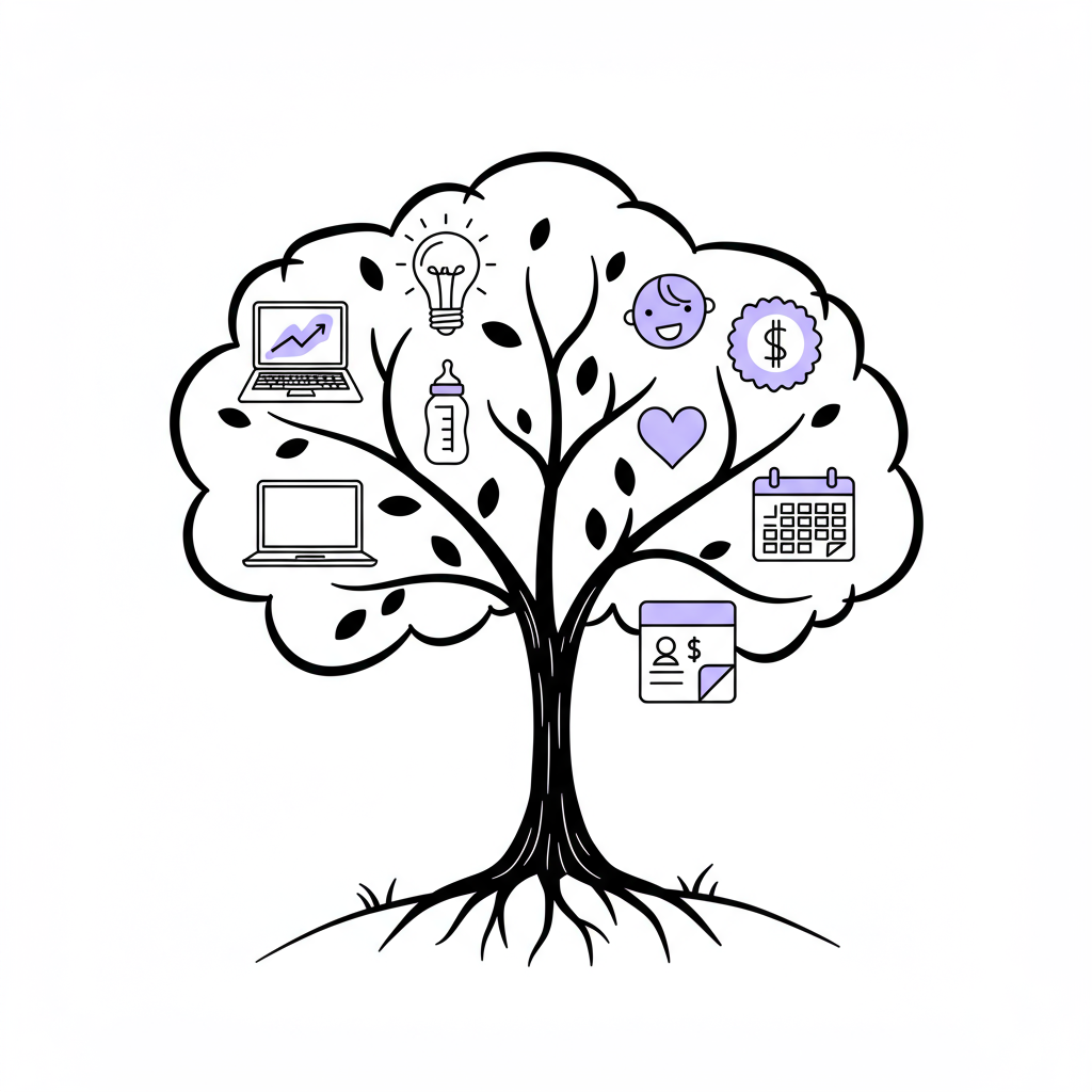Stylized black and white line art: Tree with life icons, pastel purple lightbulb symbolizing innovation for entrepreneurial mothers | Femmeprenista