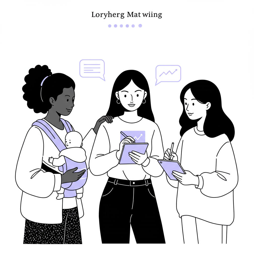 Chic line art of diverse entrepreneurial mothers in a supportive playground huddle; pastel purple on tablet screen | Femmeprenista