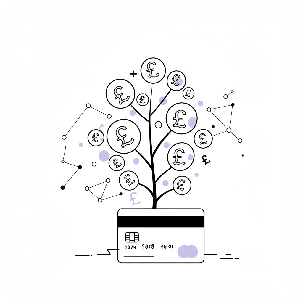 Chic line art: Money tree with £ leaves sprouting from bank card; pastel purple accents symbolize UK business growth | Femmeprenista