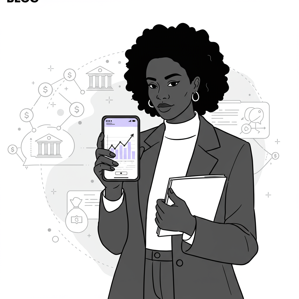 Line art: Black female entrepreneur managing finances with mobile banking; pastel purple accents highlight upward trend. | Femmeprenista