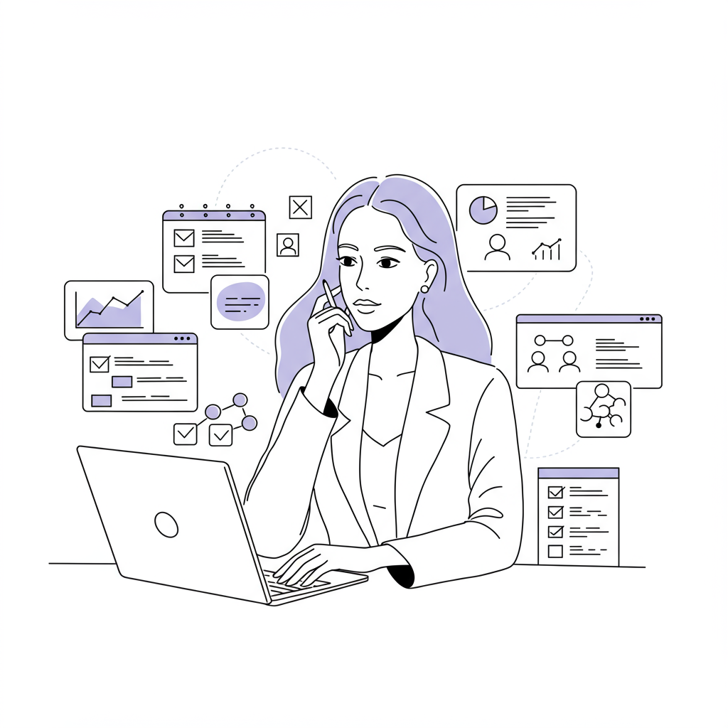 Elegant line art: female entrepreneur mastering project management; pastel purple icon highlights focus | Femmeprenista