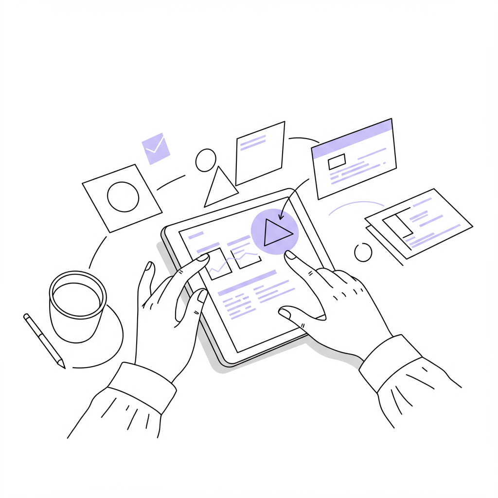 Chic line art: Woman organizing projects with tablet; black and white, pastel purple circle highlights core project | Femmeprenista