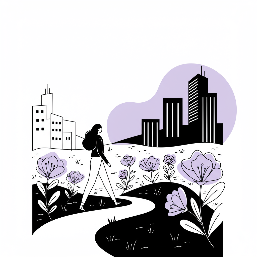 Chic line art: Female figure confidently walks a path to freedom; pastel purple flower accent | Femmeprenista