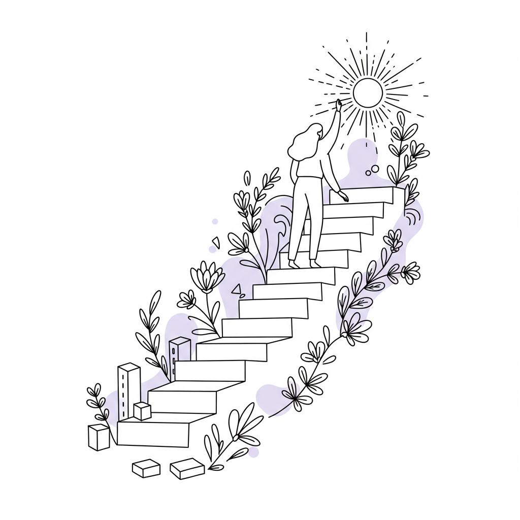 Modern line art: Upward-spiraling staircase symbolizes female entrepreneur's journey toward fulfillment, sunburst with pastel purple highlight | Femmeprenista
