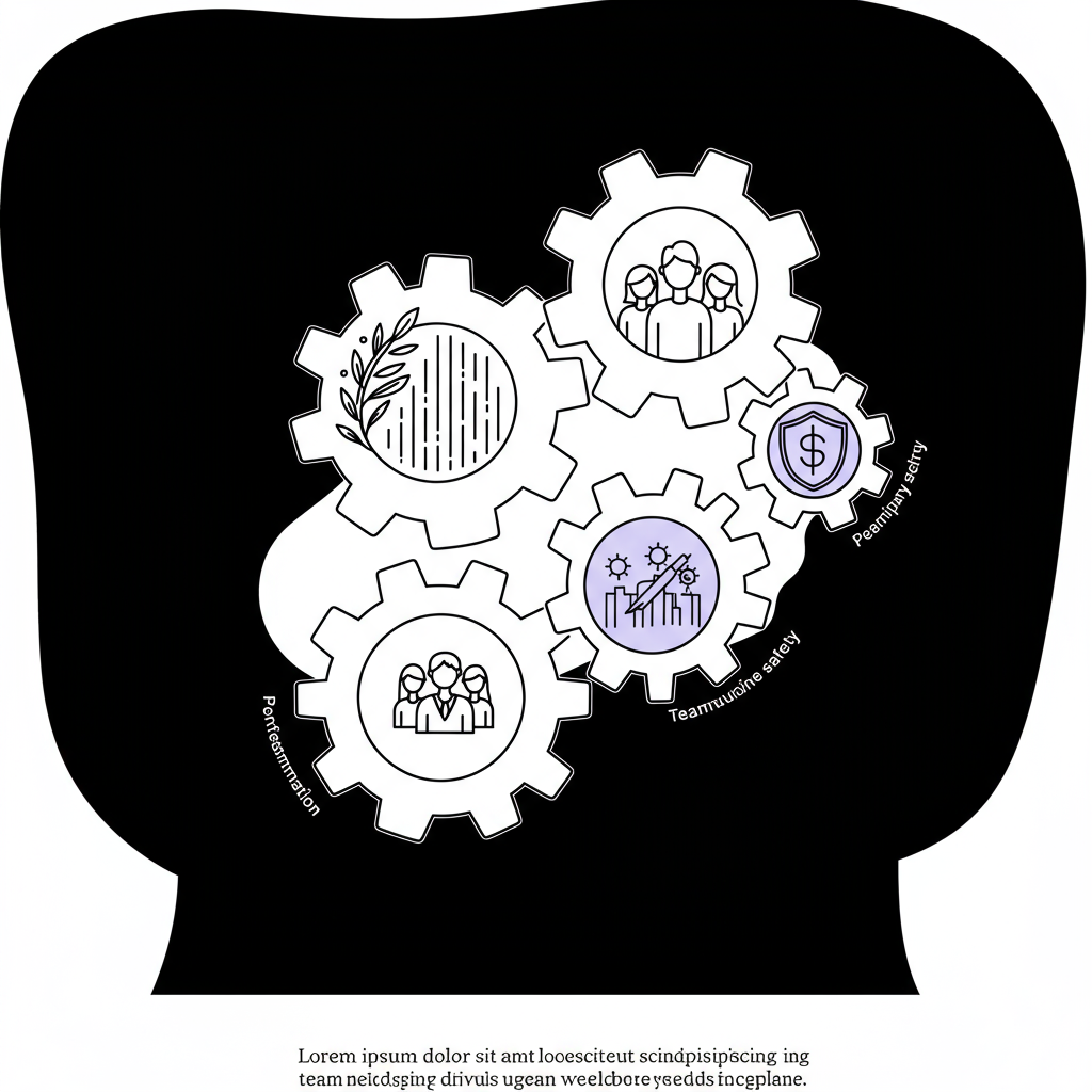Modern line art: stylized gears representing team wellbeing aspects interlocked for sustainable scaling; pastel purple accent at core | Femmeprenista