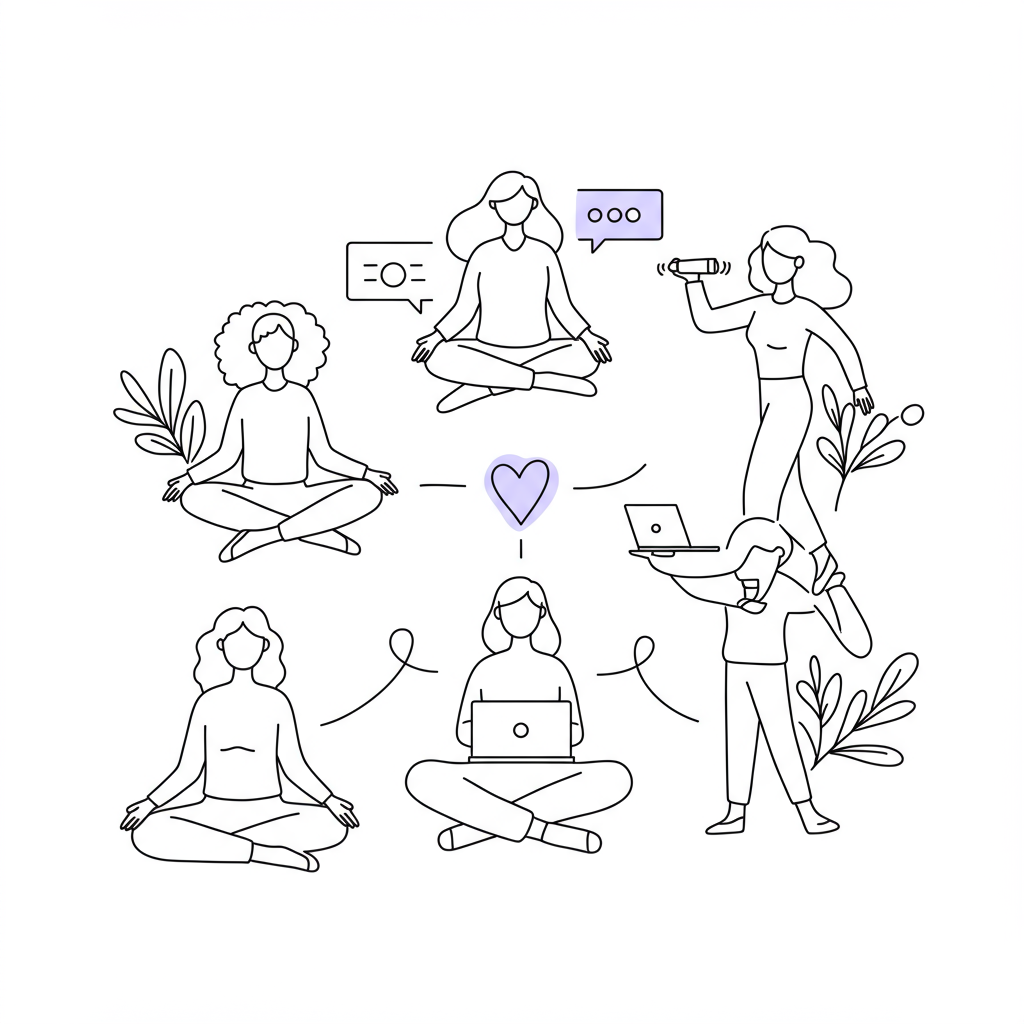 Modern line art: diverse women's team interconnected, symbolizing wellbeing; pastel purple heart unites | Femmeprenista