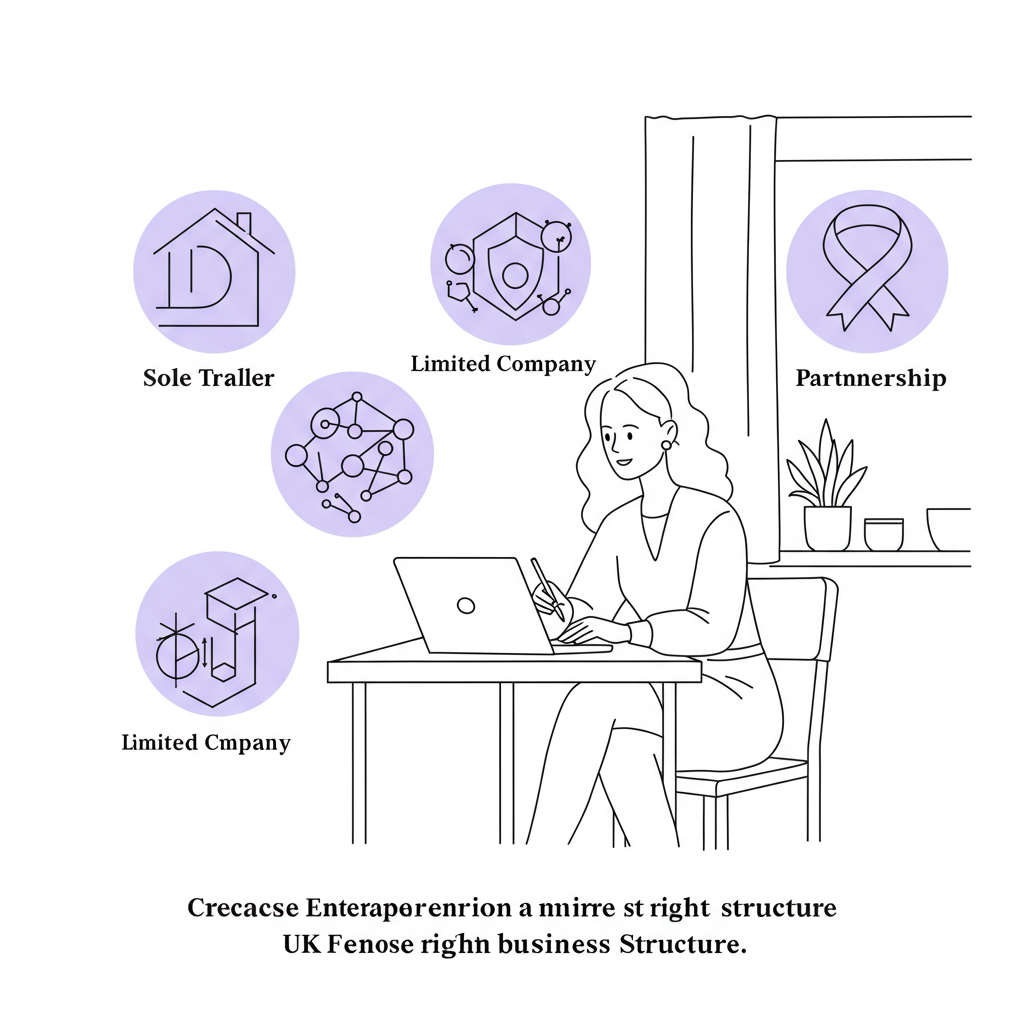 Modern line art: UK female entrepreneur empowered to choose the right business structure; black and white with purple window light | Femmeprenista