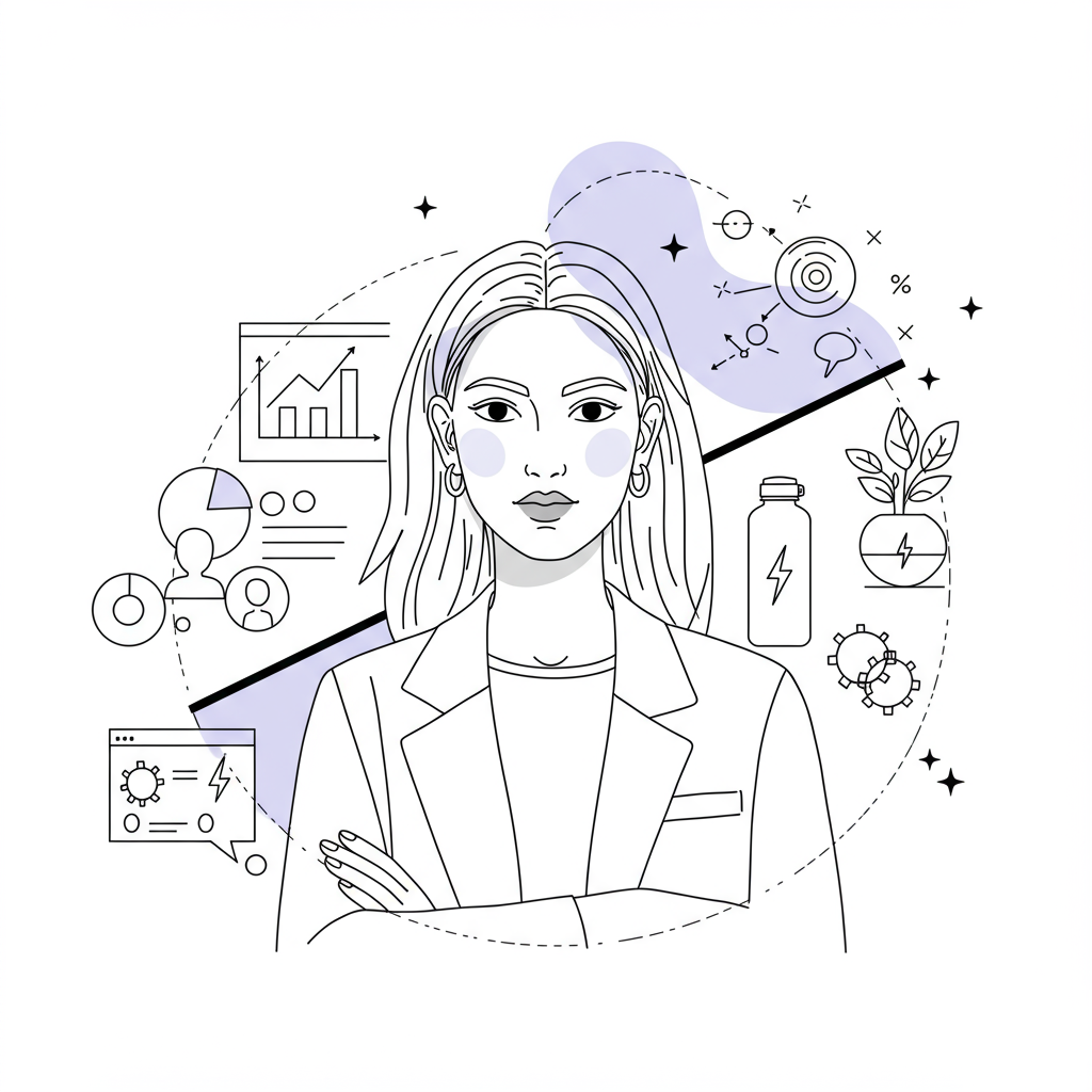 Line art: Empowered female entrepreneur balances work/life; pastel purple swirl symbolizes mindful energy | Femmeprenista