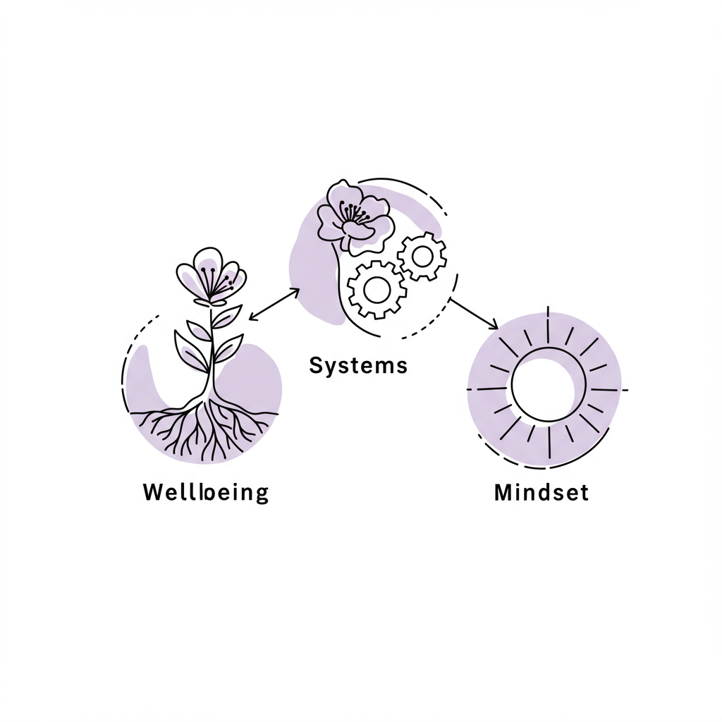 Sustainable energy concepts: Chic line art illustration of wellbeing, systems, and mindset interconnected; pastel purple flower accent | Femmeprenista