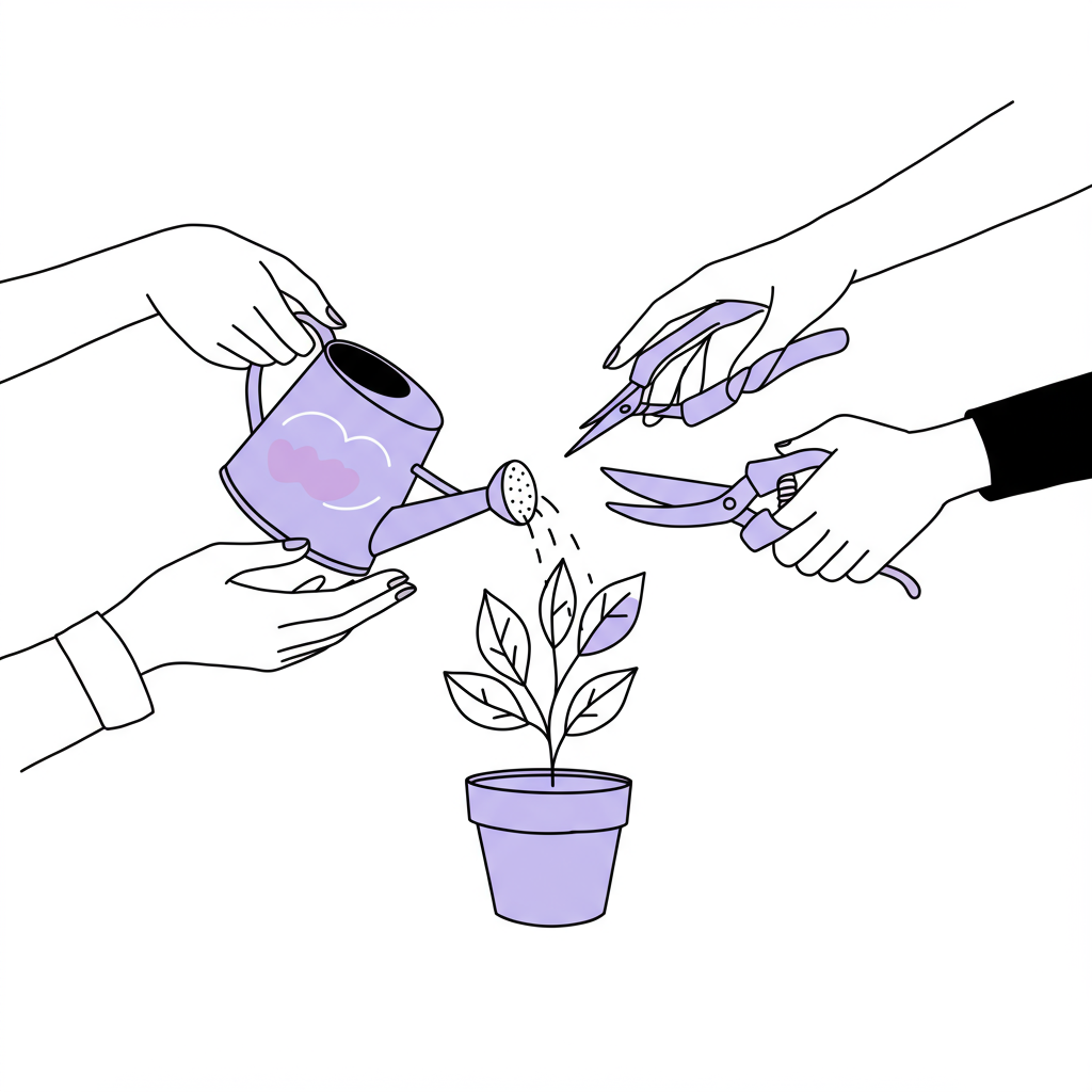 Chic line art: Diverse hands nurturing a plant, symbolizing thriving femmeprenista business partnerships; pastel purple watering can | Femmeprenista