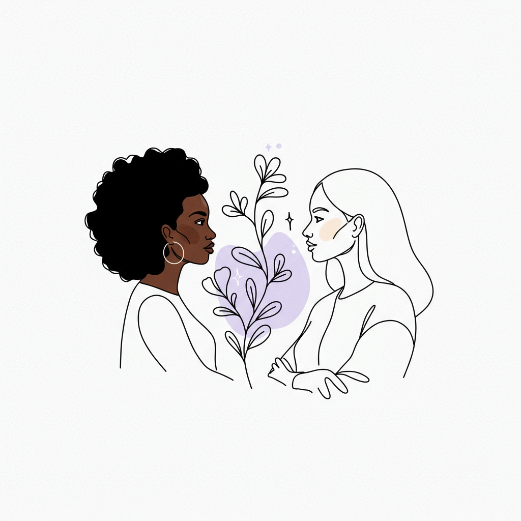 Modern chic line art: Black and White female entrepreneurs in partnership, pastel purple flower highlights shared growth | Femmeprenista