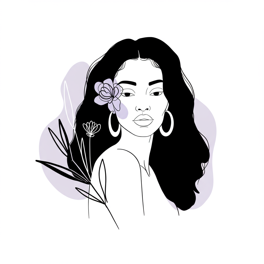 Elegant black and white line art illustration of a serene Black woman entrepreneur surrounded by stylized flowers, pastel purple accent | Femmeprenista