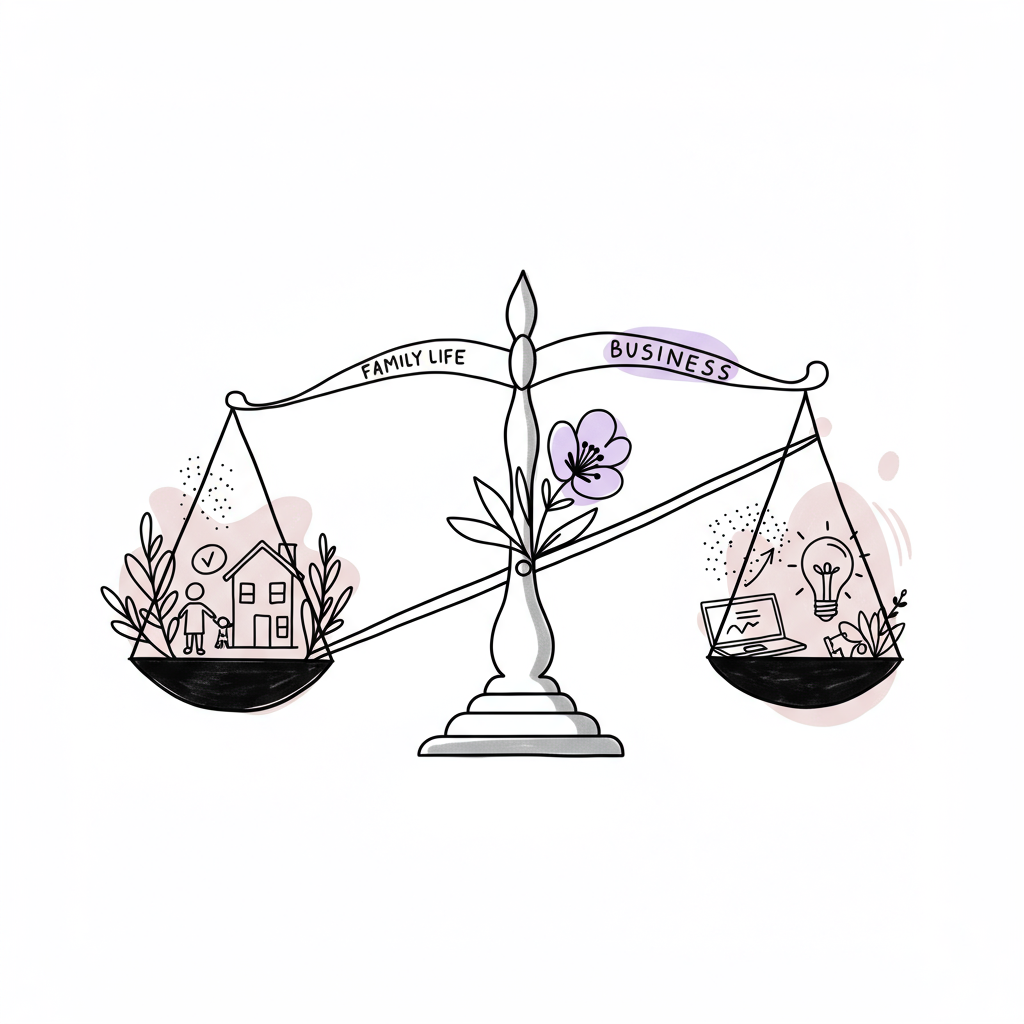 Black and white line art of balanced scales representing family and business, pastel purple flower symbolizes harmonious growth | Femmeprenista