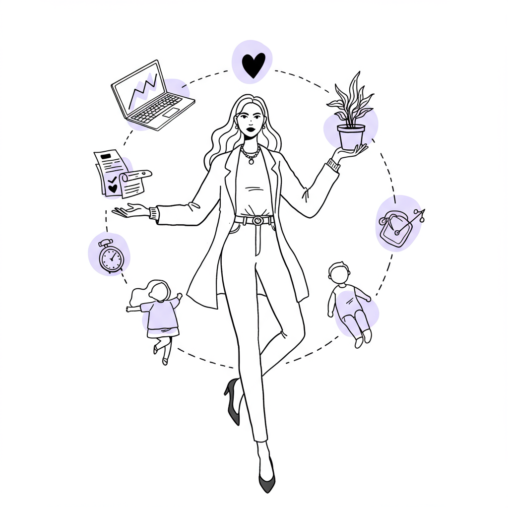 Line art: Stylish female entrepreneur juggling work, family (pastel purple heart), & wellbeing in balanced chaos | Femmeprenista