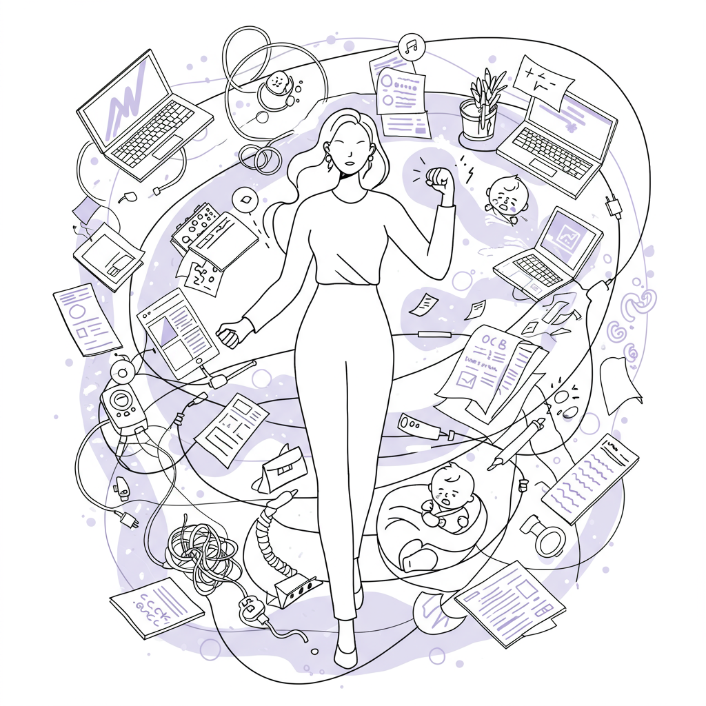 Black and white line art: Female entrepreneur centered amidst swirling chaos, empowered with a pastel purple aura | Femmeprenista